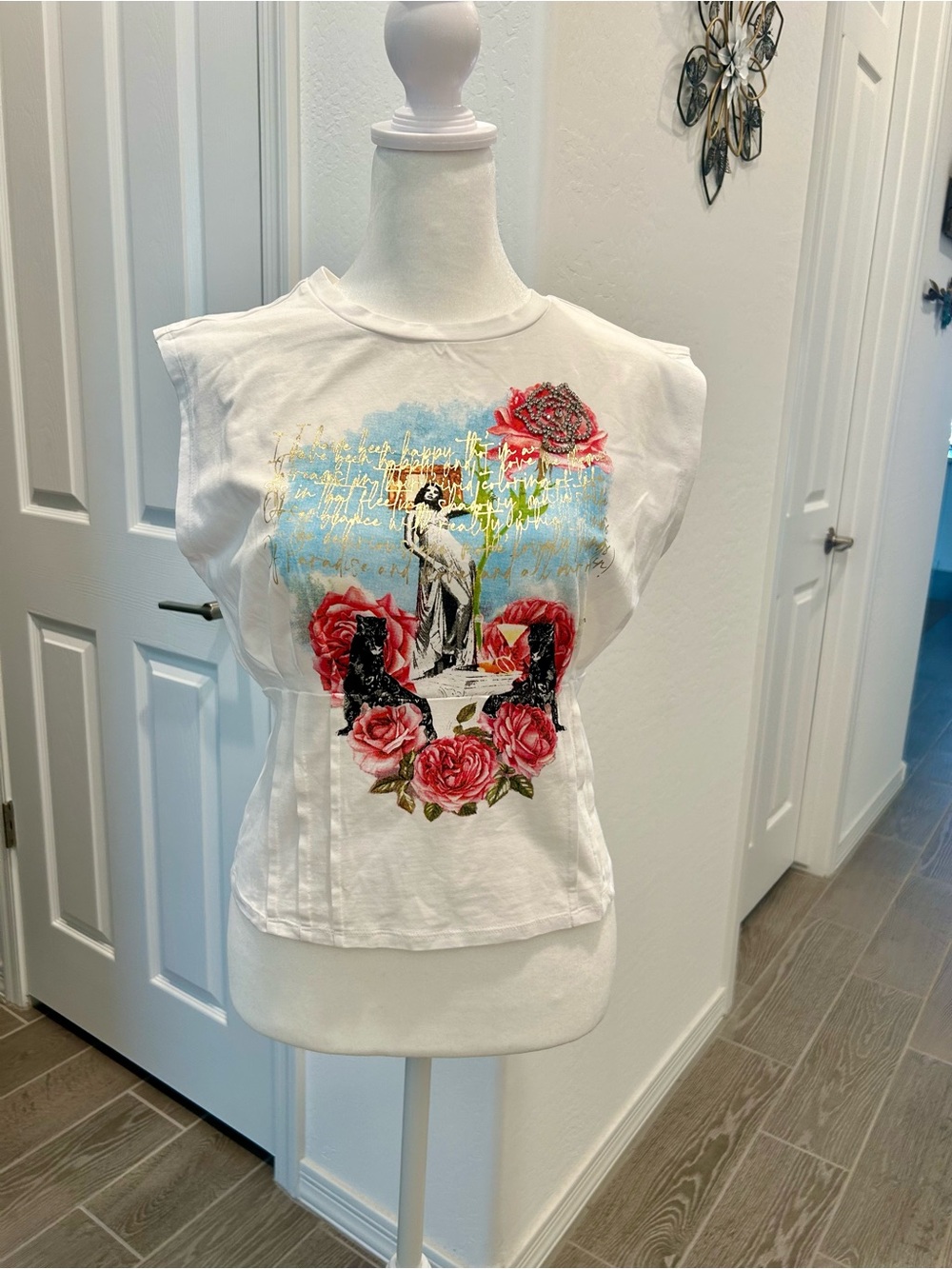 Guess White Sleeveless Tank with Pink Rose & Blue Graphic